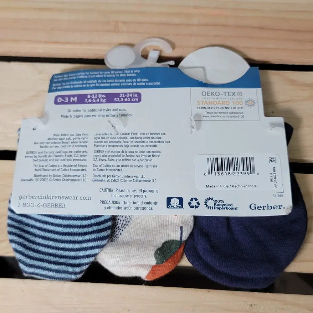 3 Pk Gerber Infant Mittens: Blue, Fox & Stripes - Size 0-3m NWT